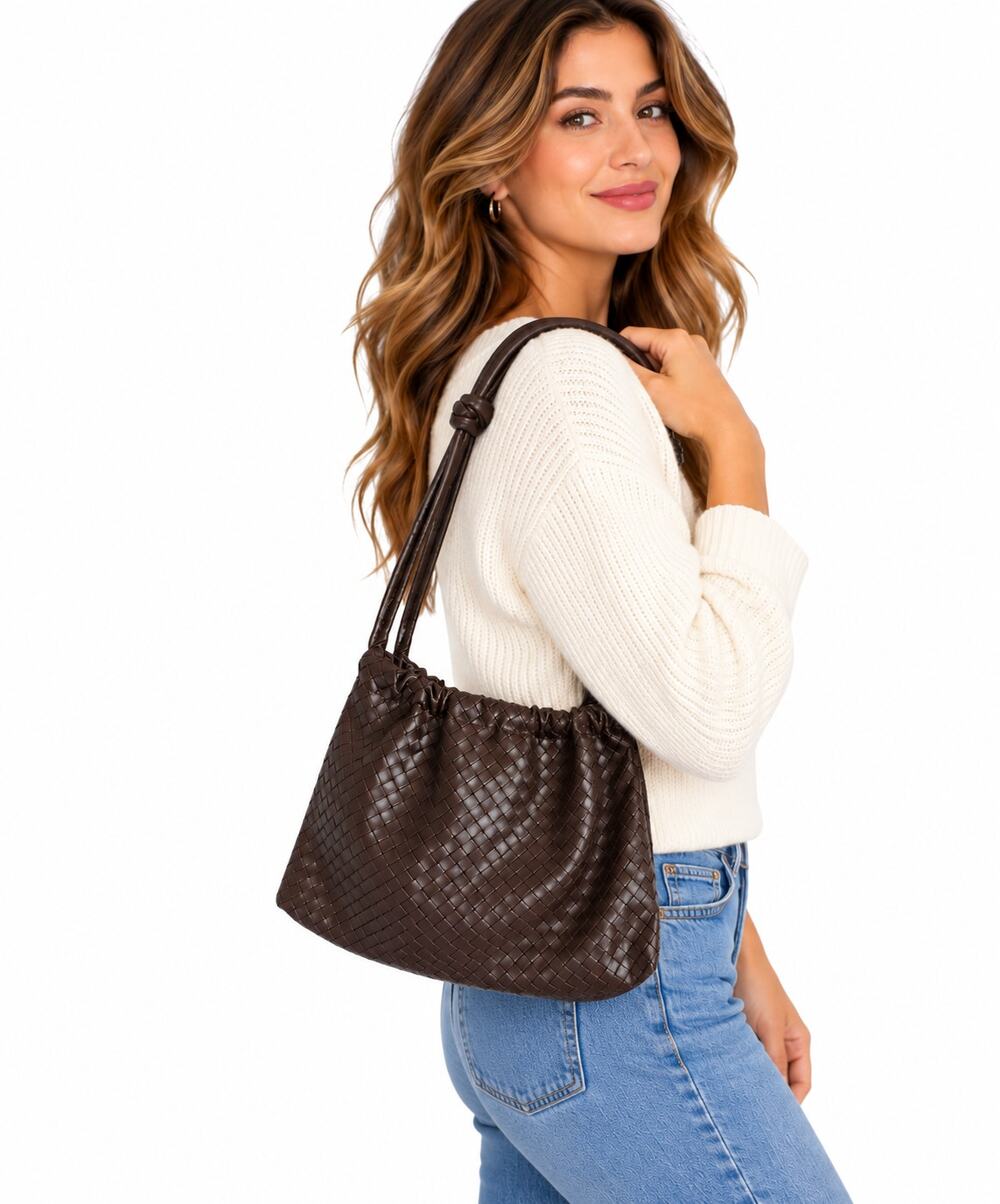 COS Bar Dark Brown Woven Faux Leather Shoulder Bag Slouchy Knotted Strap